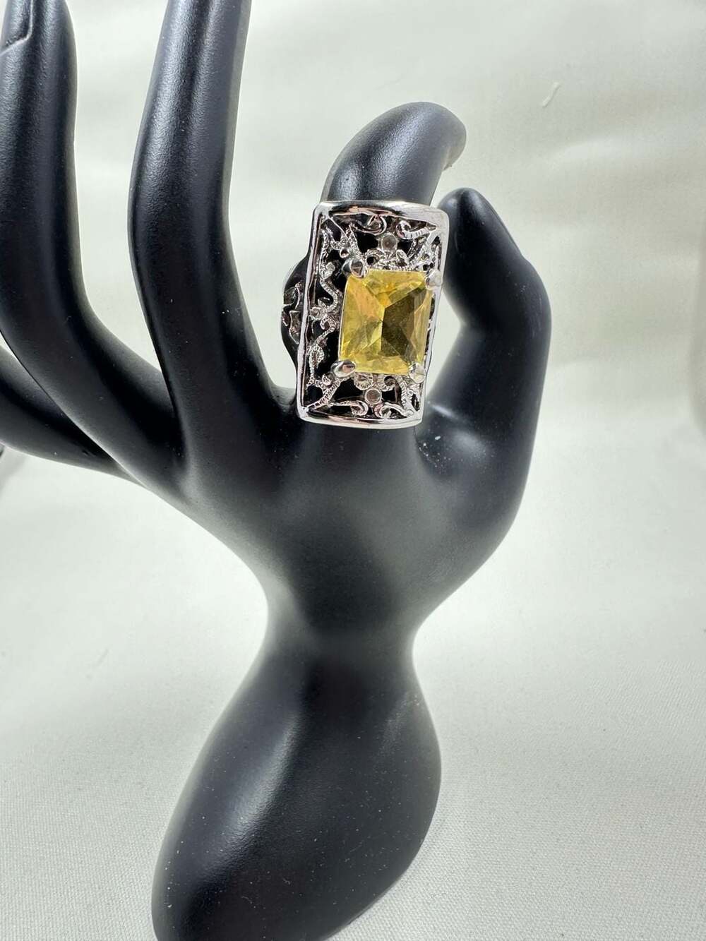 Victorian Style Yellow Citrine Filigree Sterling Silver Cocktail Ring
